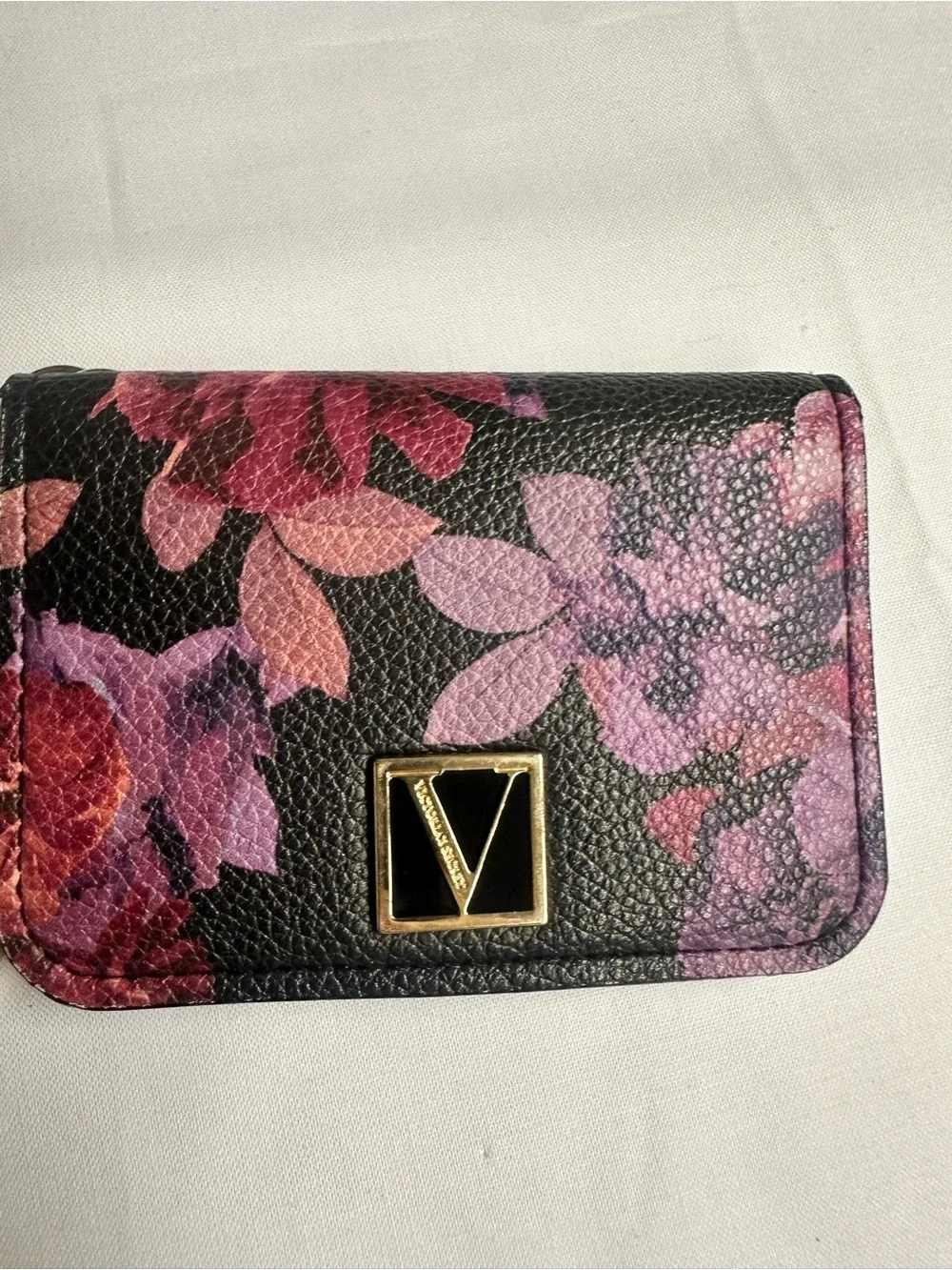 Victoria's Secret Black Floral Card Holder with Pink & Purple Blooms